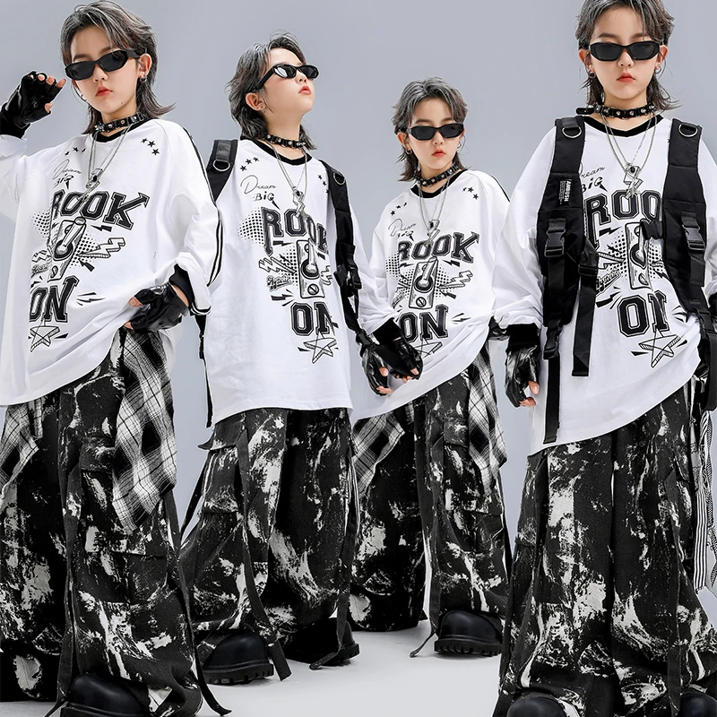 儿童街舞潮服男童嘻哈黑白舞蹈套装少儿帅气hiphop女童酷帅演出服