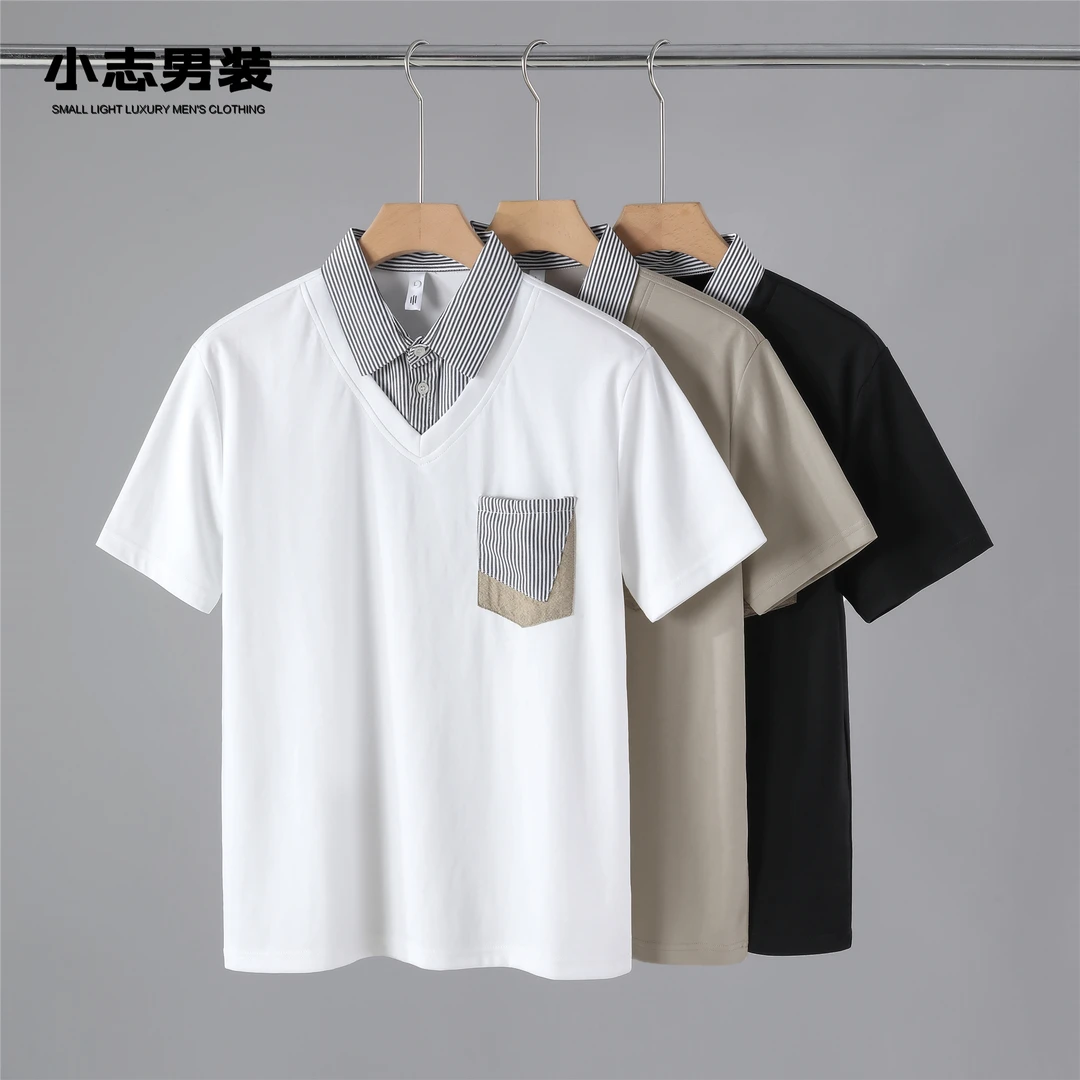 夏季新款男精致韩风修身假两件T恤休闲百搭胸前条纹贴布V领POLO衫