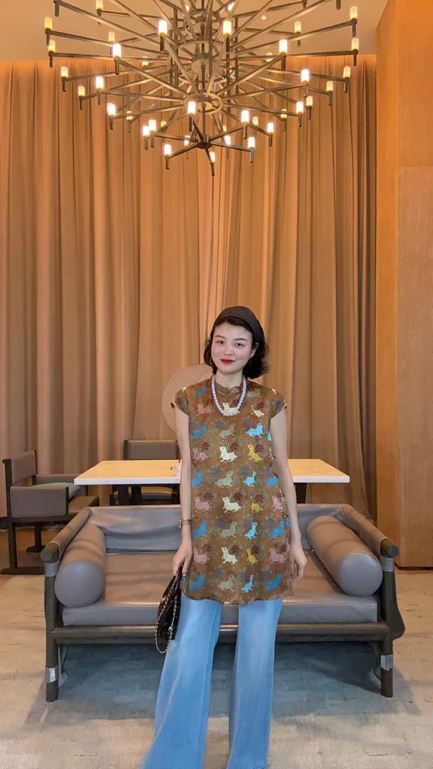 TANTAN  人丝100  气质时尚印花中长款衬衫1719