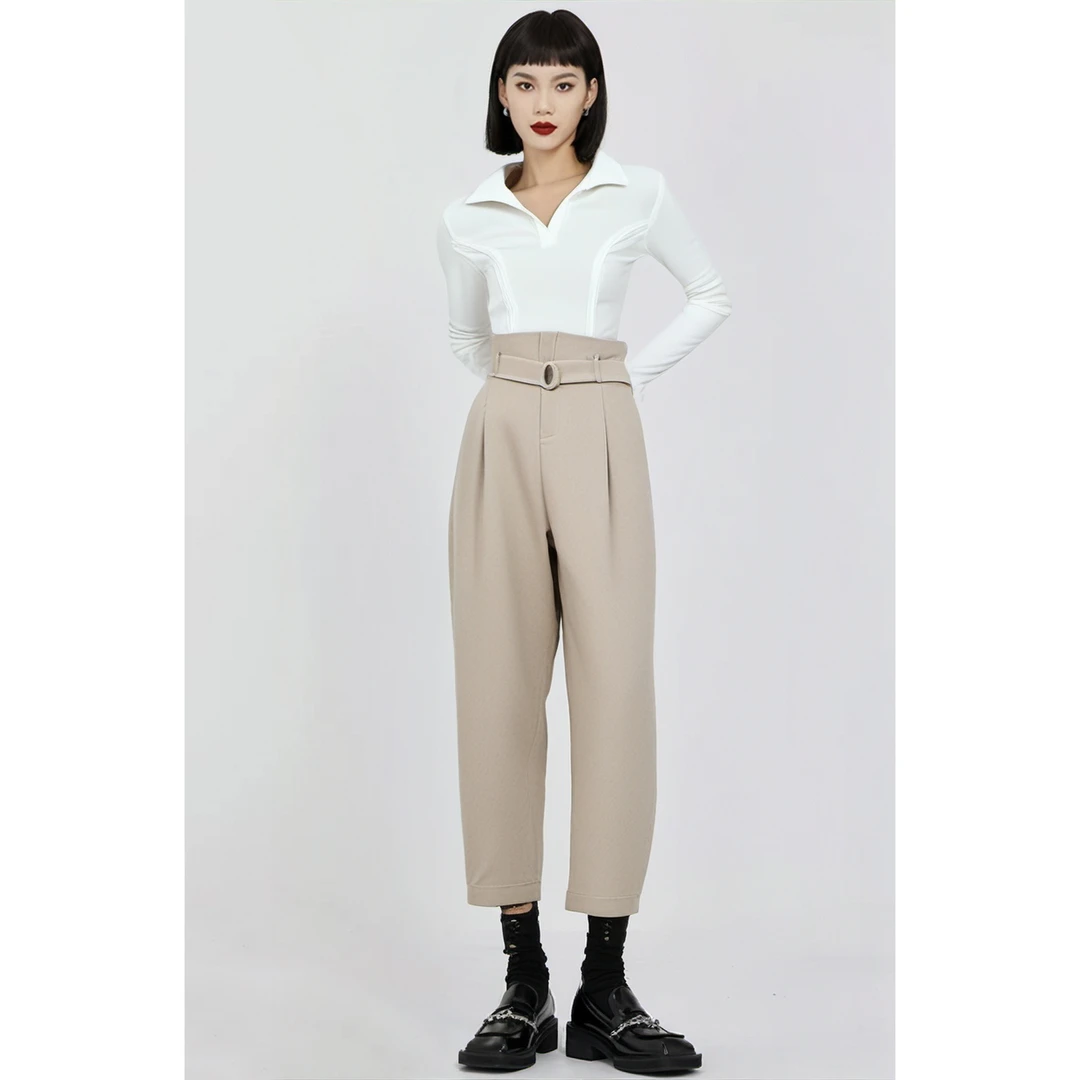 Basic House/百家好高腰直筒休闲裤百搭女士BJ2540-HVPT32ZB