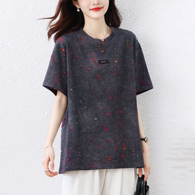 2025时尚减龄重工烫钻t恤女夏季宽松显瘦超漂亮扎染短袖休闲上衣