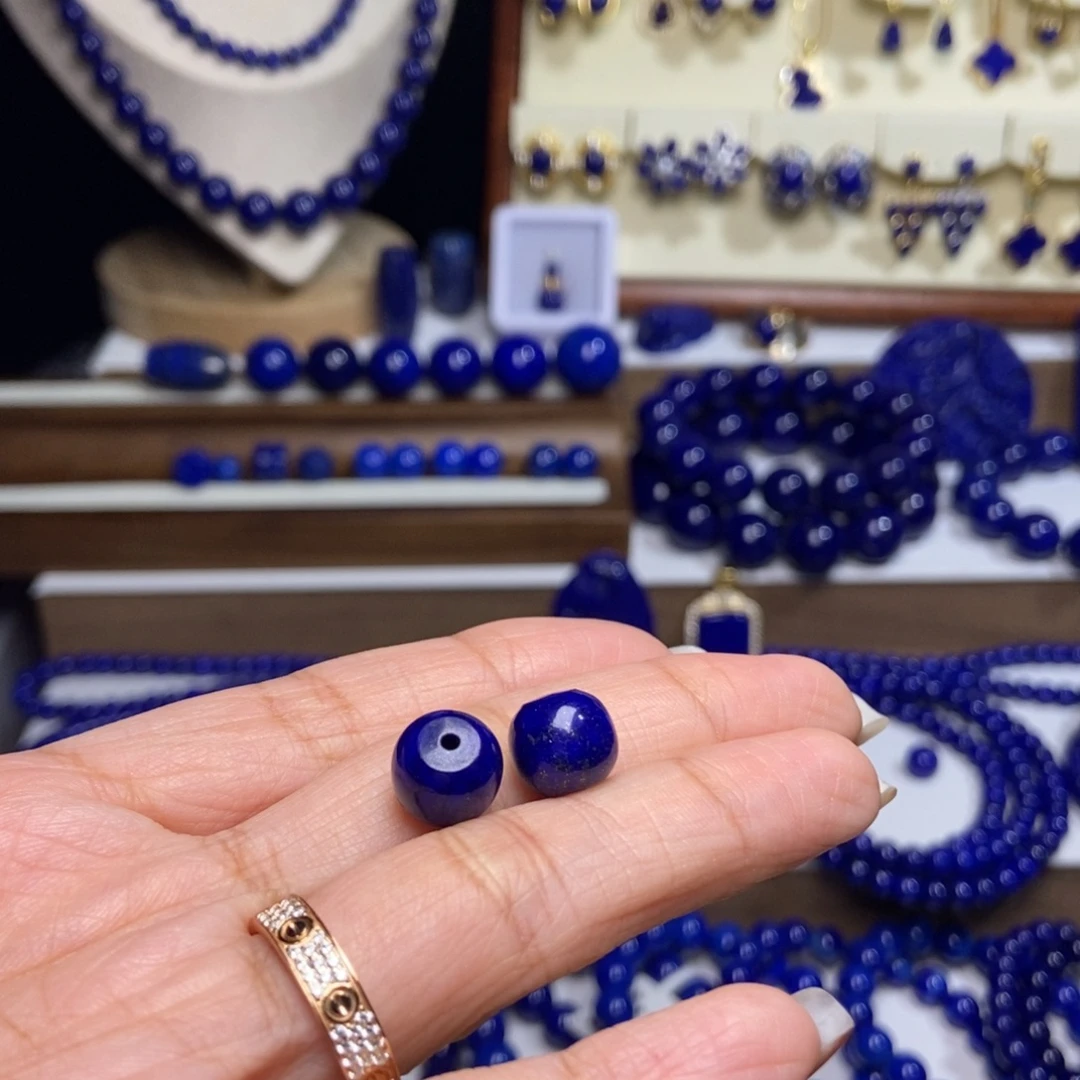 魏***活青金石未镶嵌老矿料老型对珠9mm+