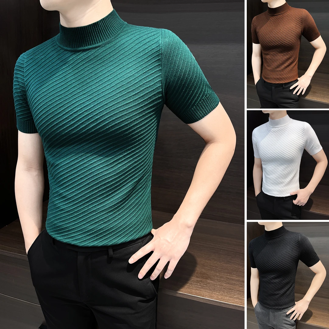 斜条纹T恤男款秋季爆款2025新款高级感半高领短袖内搭针织打底衫
