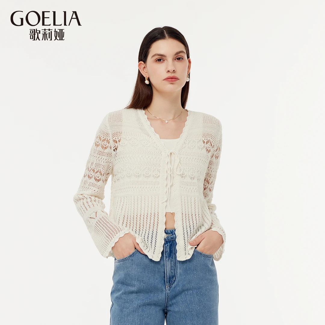 歌莉娅新款亚麻棉开衫白色短款镂空长袖通勤简约慵懒感1E3L6J200