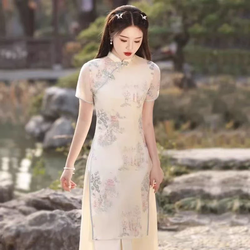 0895米色【楼阁】绣花奥戴连衣裙旗袍