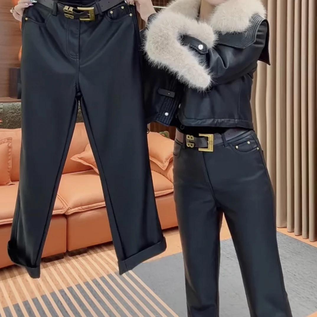 秋冬高腰显瘦直筒拉绒PU皮裤外穿百搭时尚