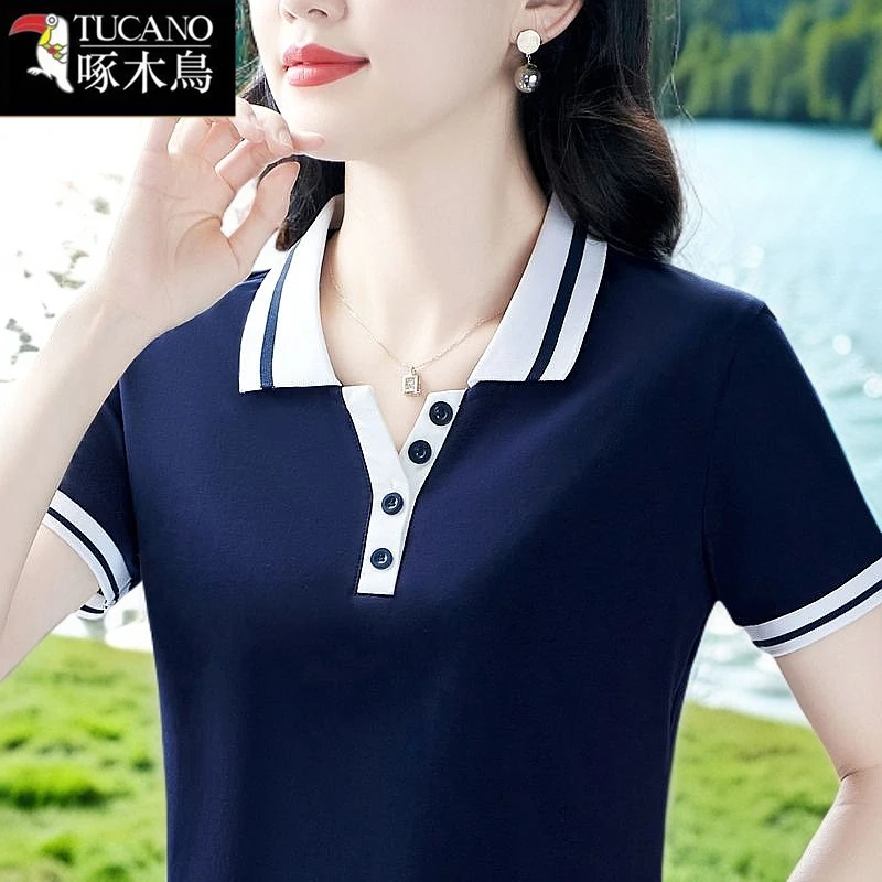 啄木鸟2025年新款纽扣POLO领上衣夏季薄款短袖撞色小众通勤T恤女