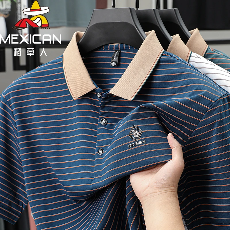 日常条纹夏季半袖稻草人透气男装翻领T恤短袖大码薄款休闲潮流男