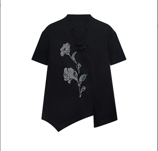 2025夏季新款蝴蝶烫钻时尚休闲百搭短袖黑色上衣#2828