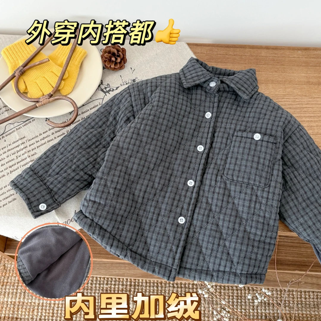 【夹棉加绒】2025冬男童衬衫夹棉外套加厚韩系格子保暖儿童衬衫外套