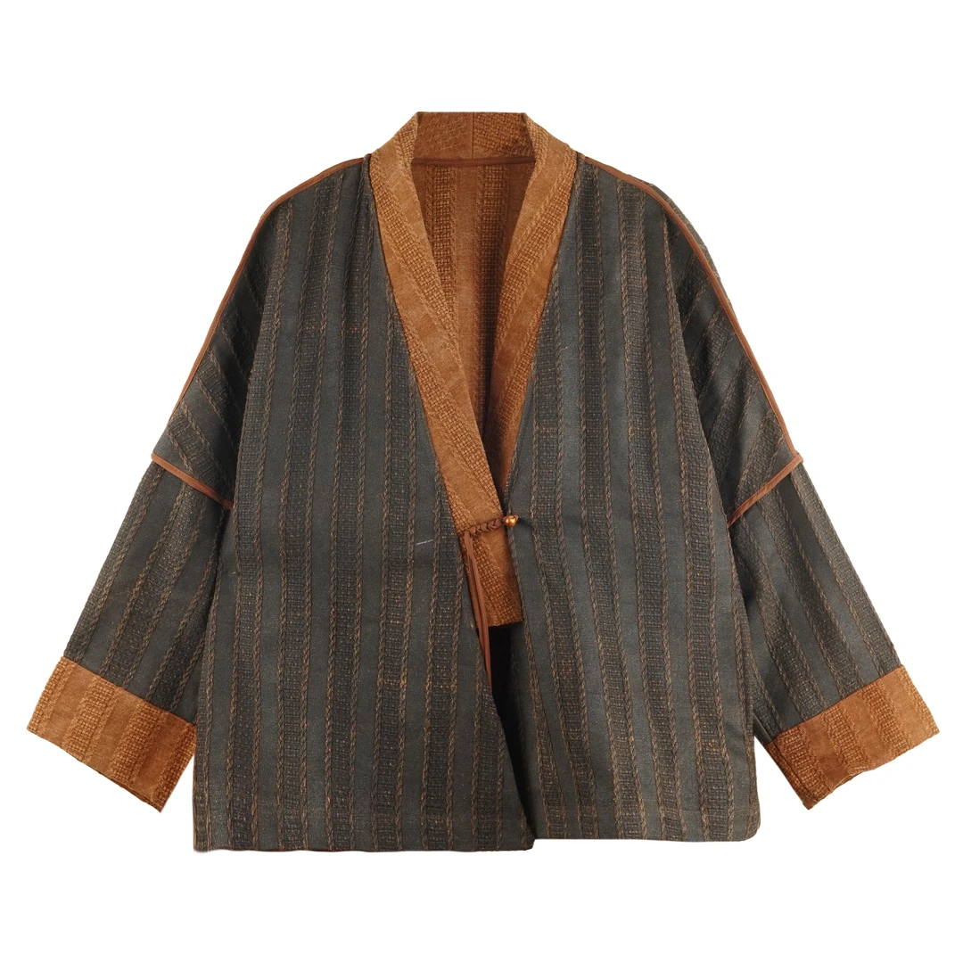 MM 2025新款中国风竖条纹柞蚕丝一粒扣设计师茶服长袖外套 24842