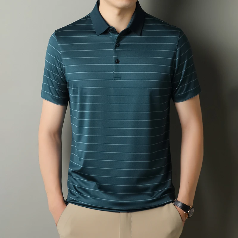 【6A桑蚕丝+醋酸】夏新款中年男士翻领商务经典桑蚕丝条纹短袖