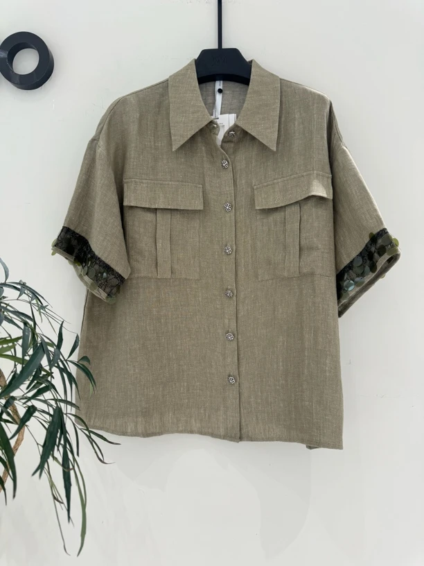 DV 绿色亚麻亮片拼接衬衫