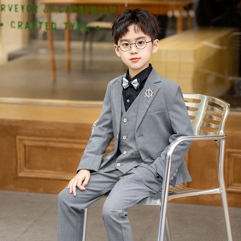 中大童西装格子西服男童主持钢琴走秀演出服马甲套装花童周岁礼服