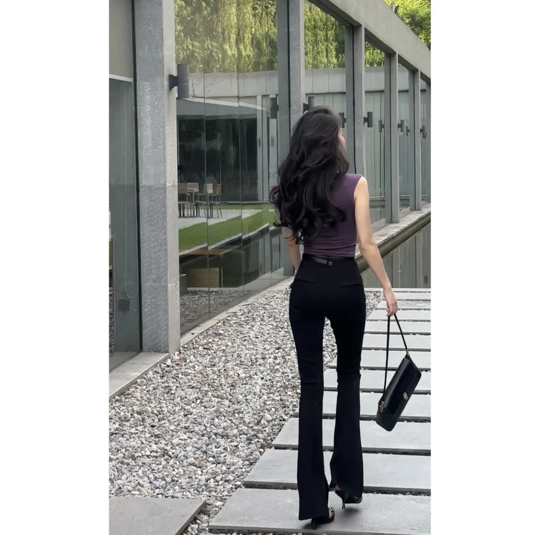 百搭西装微喇叭辣妹显瘦黑色休闲裤百搭高腰慵懒风女装夏季小个子