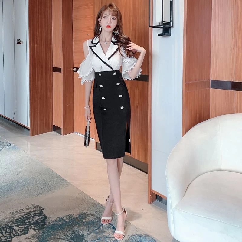 【奥特莱斯撤柜】新款性感名媛气质黑白拼接短裙棉荷叶边包臀开叉西