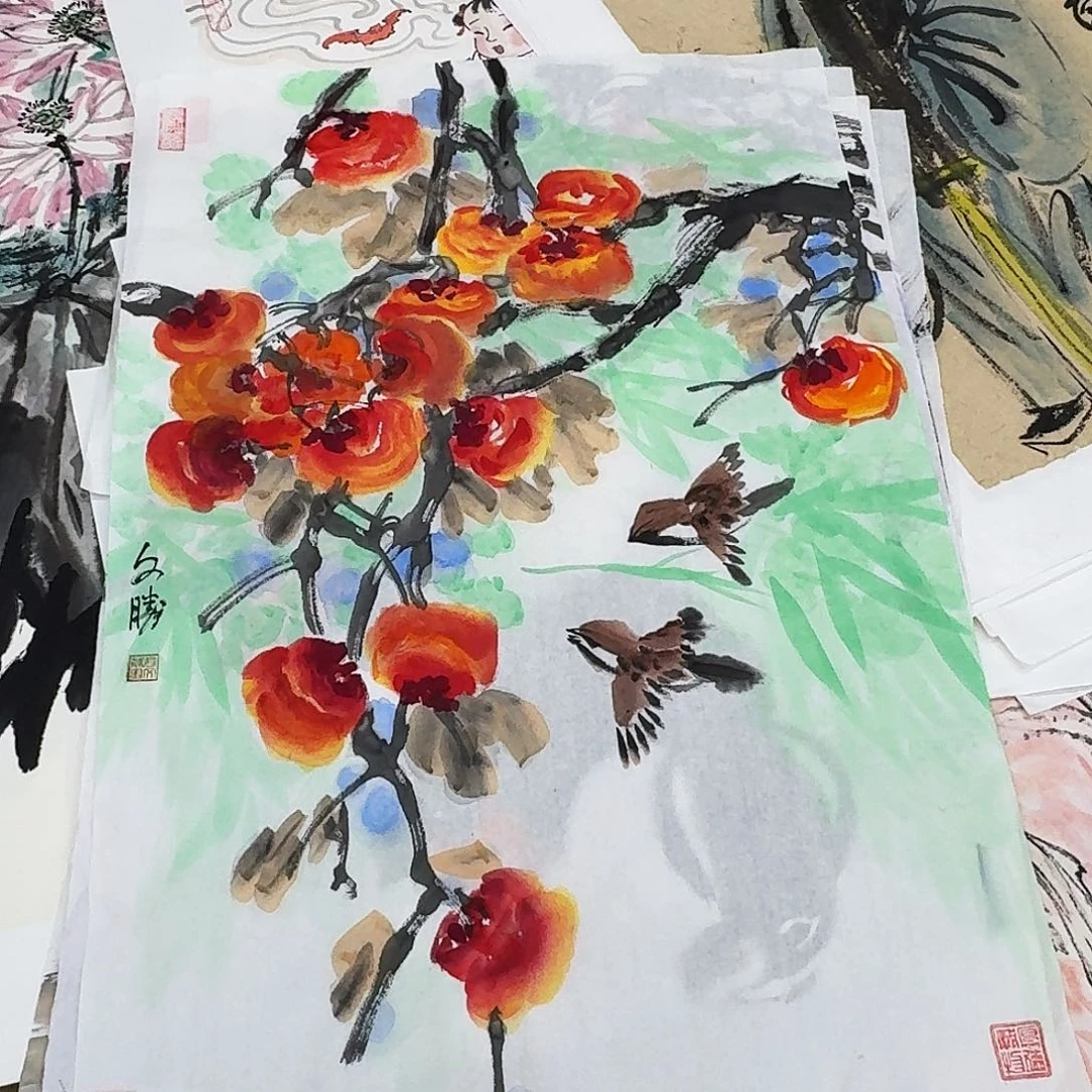 国画四尺三开手绘作品