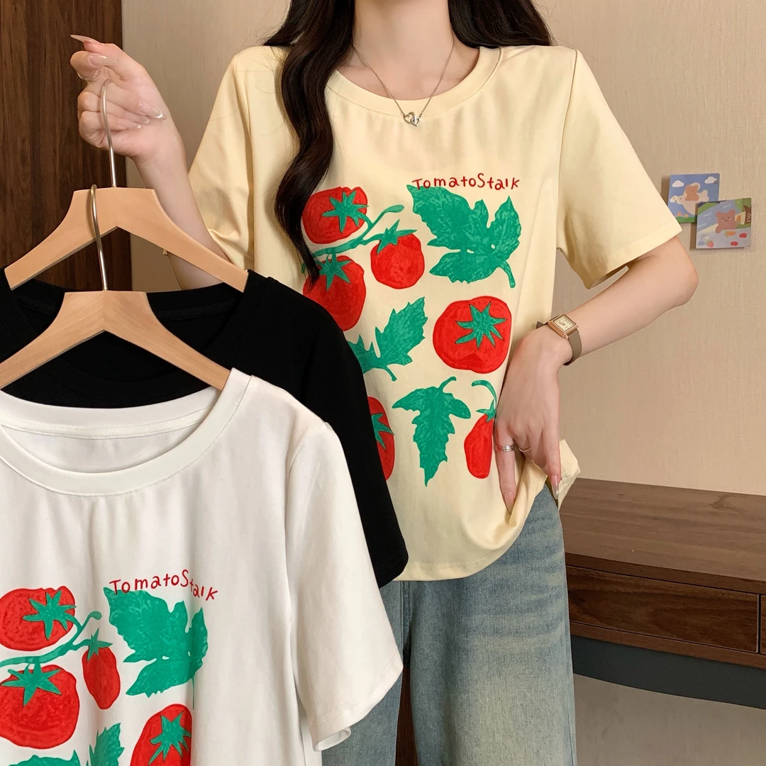 2025夏季新款夏装大码女装番茄印花宽松显瘦百搭设计感T恤上衣