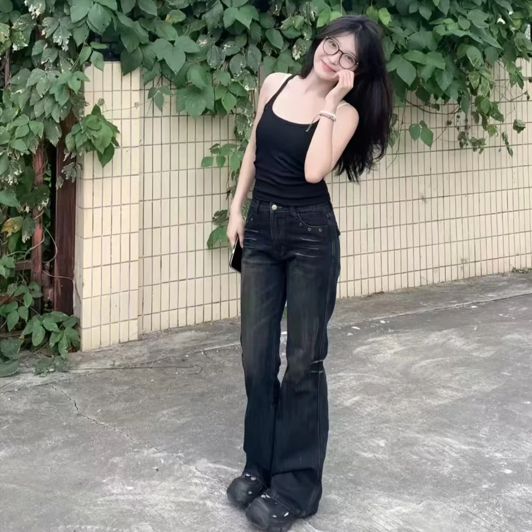 复古蓝微喇牛仔裤女春季2025新款蝴蝶结高腰弹力显瘦喇叭拖地裤子