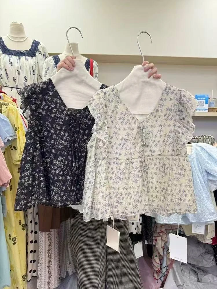 韩系碎花宽松别致娃娃衫衬衣雪纺衫58129