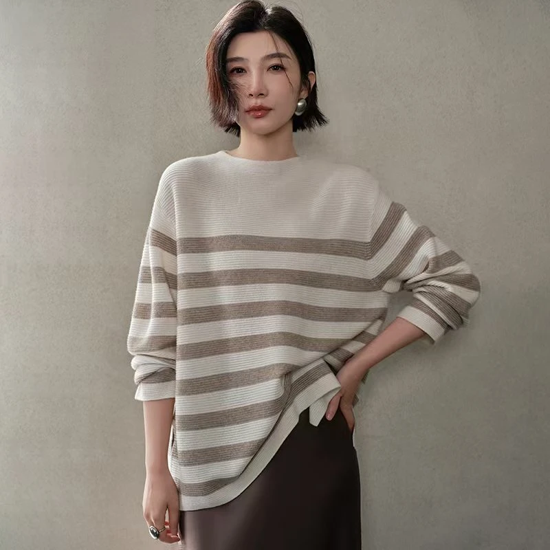 100%山羊绒圆领阔版条纹套衫