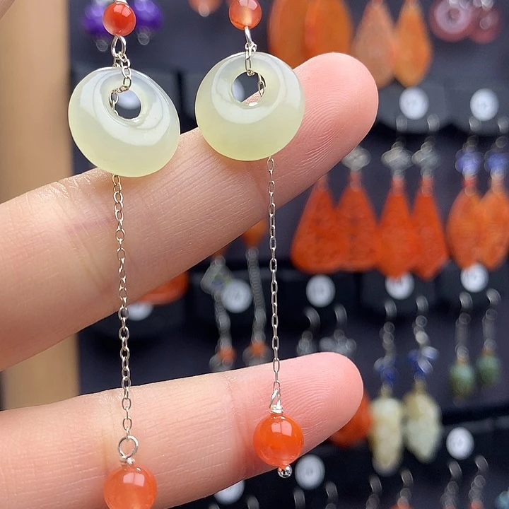 和田玉耳饰银S925镶嵌