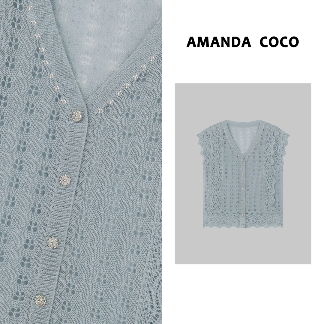 镂空邂逅～钉钻镂空钩花减龄v领小飞袖针织衫