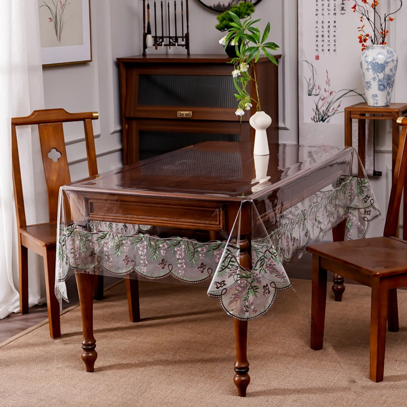 透明桌布防油防水防烫pvc长方形桌垫紫藤刺绣轻奢茶几圆桌餐桌布