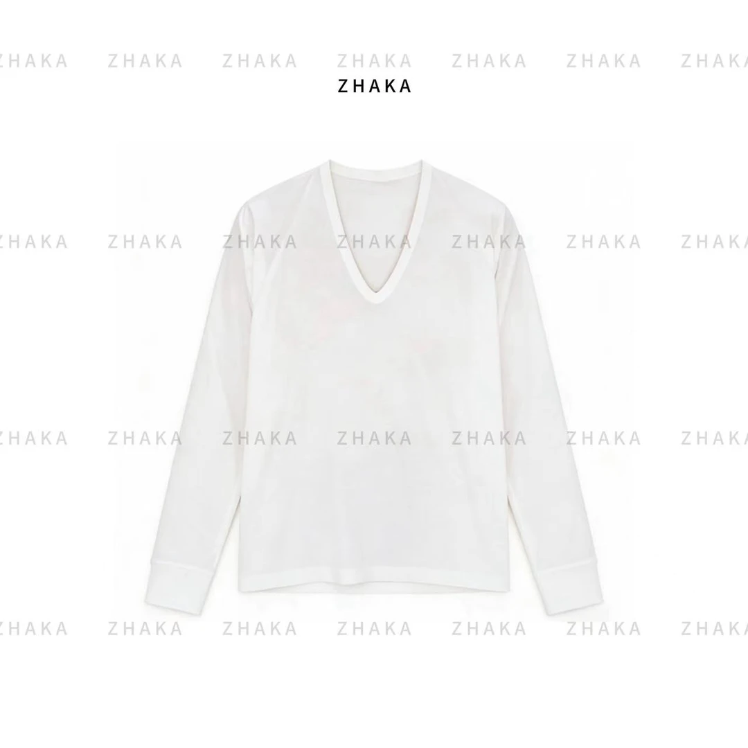 ZHAKA/精梳棉通勤基础一体成型V领长袖T恤zkg389
