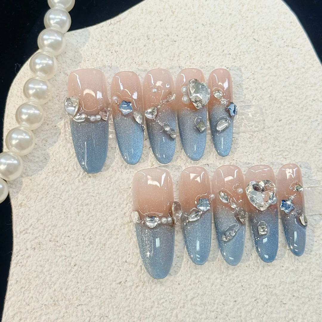 【蓝色多瑙河】S9纯手工穿戴甲光疗甲蓝色猫眼10片装