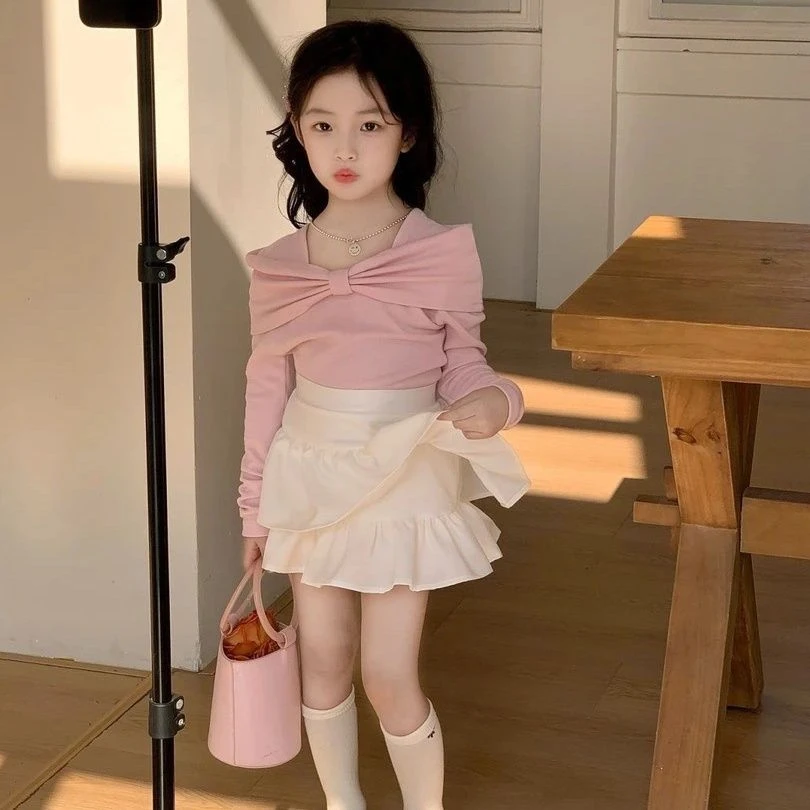 女童夏装蝴蝶结上衣短裙中小童春夏季长袖百褶裙儿童洋气甜美套装