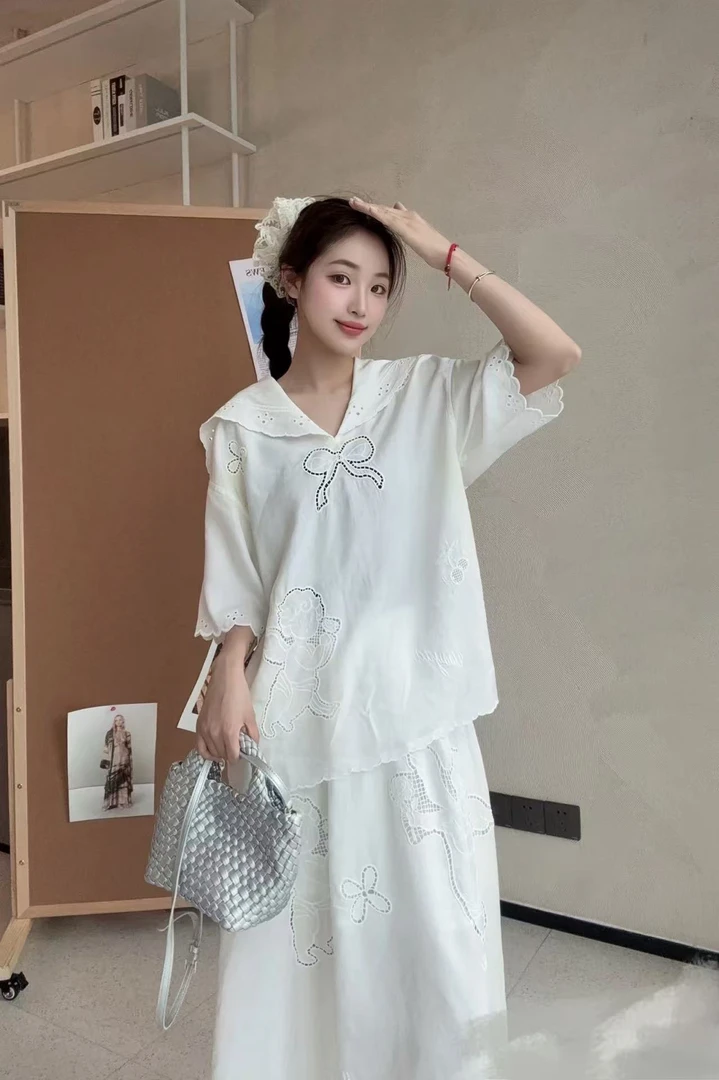 女士小天使镂空绣花大翻领短袖夏季