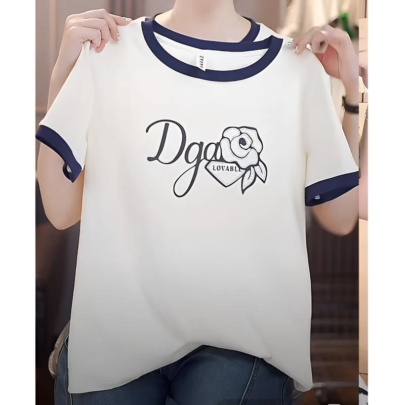 短袖圆领印花T恤宽松女士撞色简约减龄体恤3011