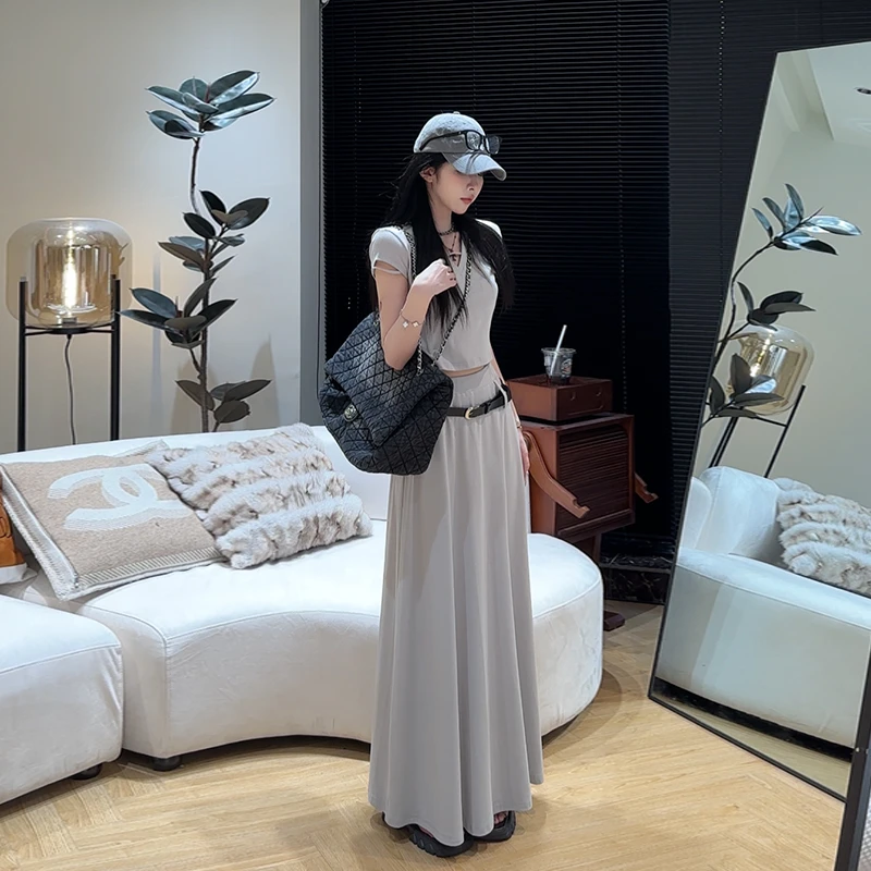 孙妍新款【清冷韩妹】高级感一字带V领短袖 高腰大摆半身裙套装女