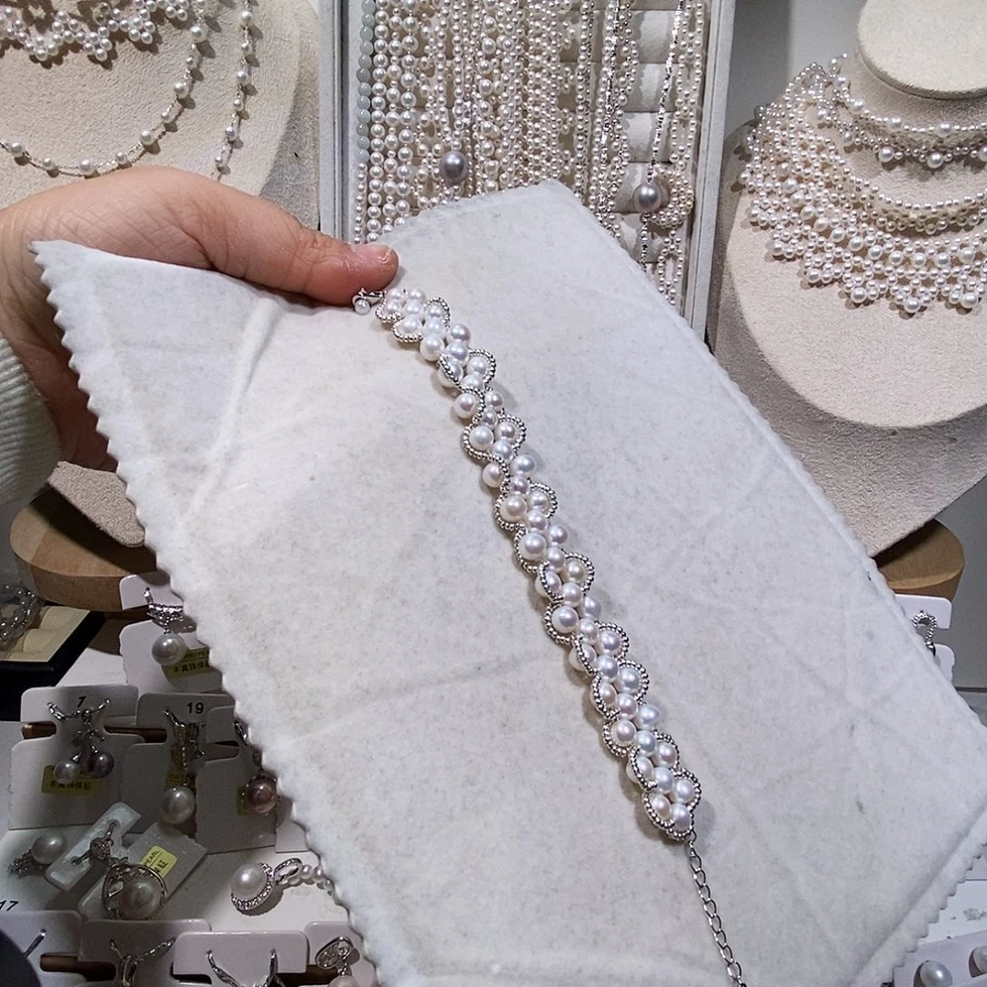 手绳淡水珍珠银S925镶嵌极光炫彩设计编织手链（福利不退换）