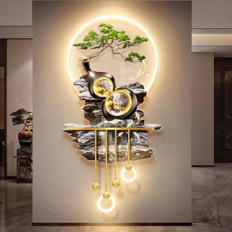 新中式流水生财玄关装饰画聚宝盆走廊挂画葫芦九鱼图入户门壁灯画