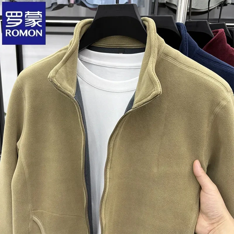 罗蒙纯色休闲亲肤摇粒绒长袖卫衣开衫秋冬季户外男士百搭抓绒衣潮