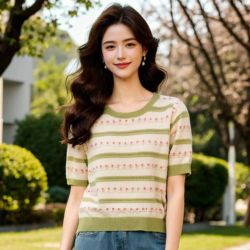 奢姿大码女装2025秋季减龄花朵条纹时尚针织衫胖妹妹圆领百搭上衣