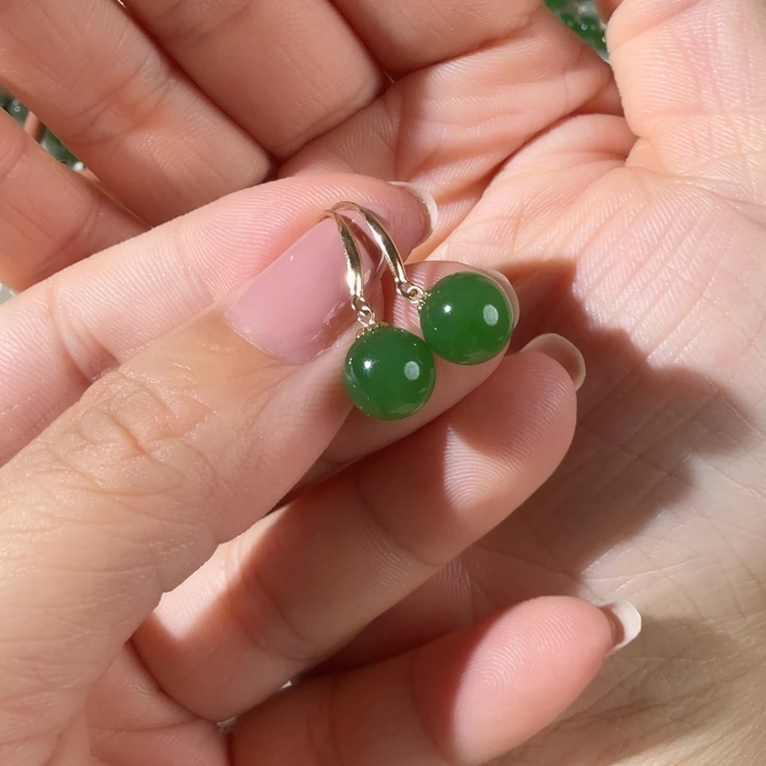 和田玉（碧玉）18K金镶嵌耳饰