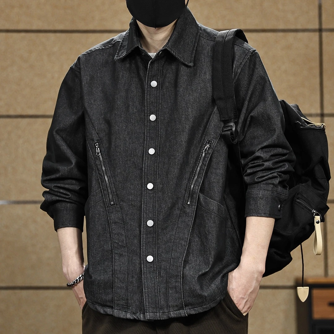 美式复古高级感仿牛仔长袖衬衫男士2025秋季新款潮流工装夹克外套