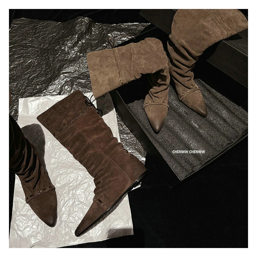 【CHENWW】新款及膝靴可折叠两穿尖头长靴褶皱堆堆靴长筒靴内增高