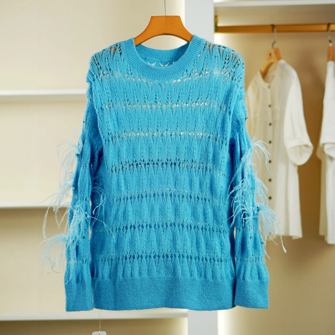 麦迪尚品【H】K270 春季镂空针织毛衣蓝色品牌折扣撤柜女装