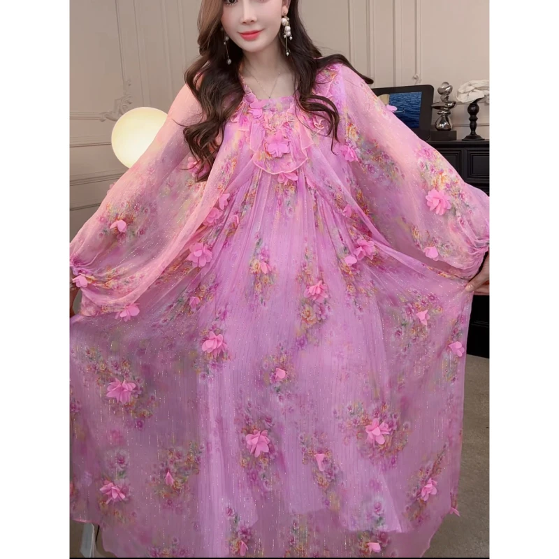 碎花夏季法式大码中式复古粉色长裙公主连衣裙显瘦遮肉显瘦裙