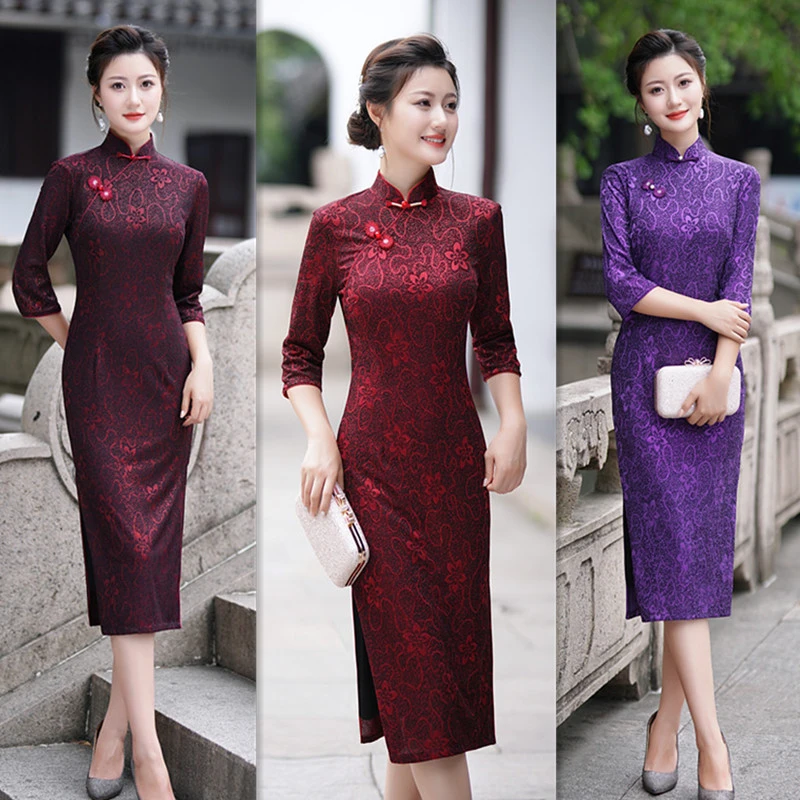 文艺中老年大码旗袍晚礼服复古民族风弹力中长款中袖旗袍2025秋季