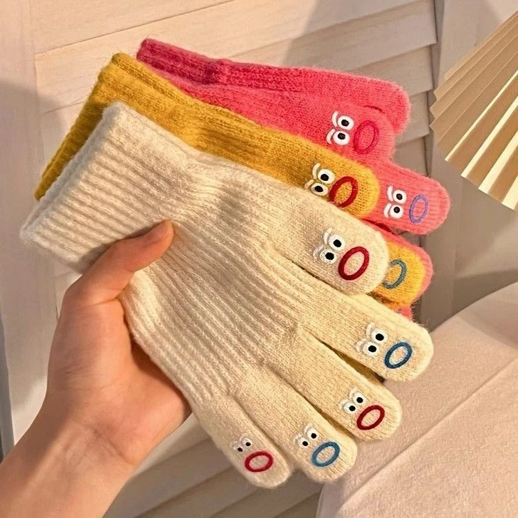 嘴嘴怪五指手套女可爱韩版毛线加厚保暖针织手套秋冬季骑行可触屏