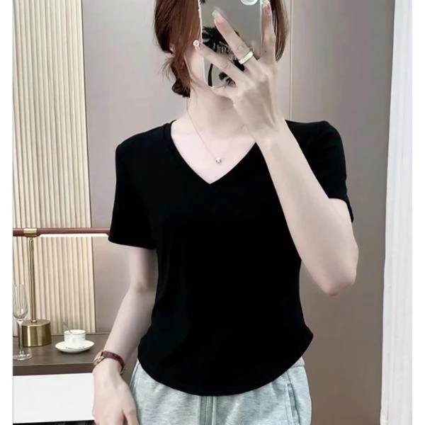 欧货V领弧形下摆螺纹短袖t恤女夏季2025新款修身显瘦正肩百搭上衣