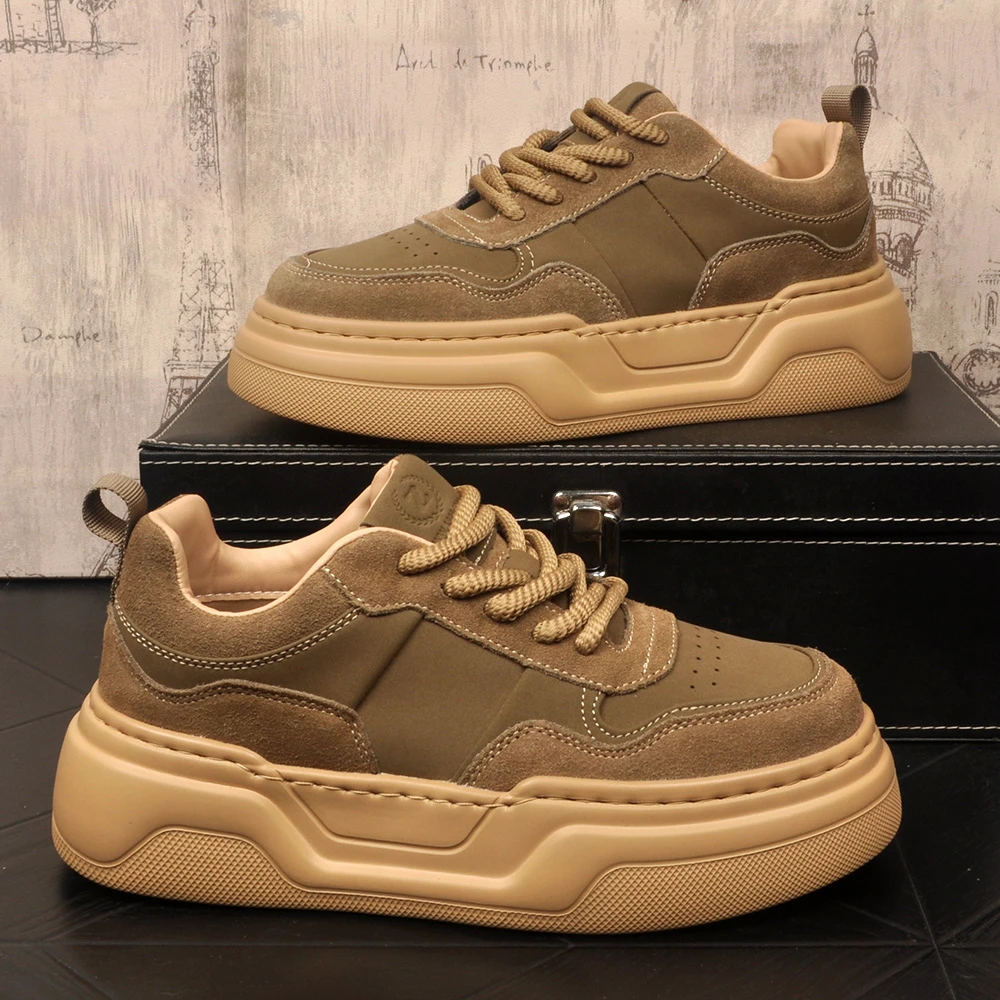 秋冬季男士新款厚底内增高真皮休闲板鞋磨砂皮轻奢运动青年潮鞋子