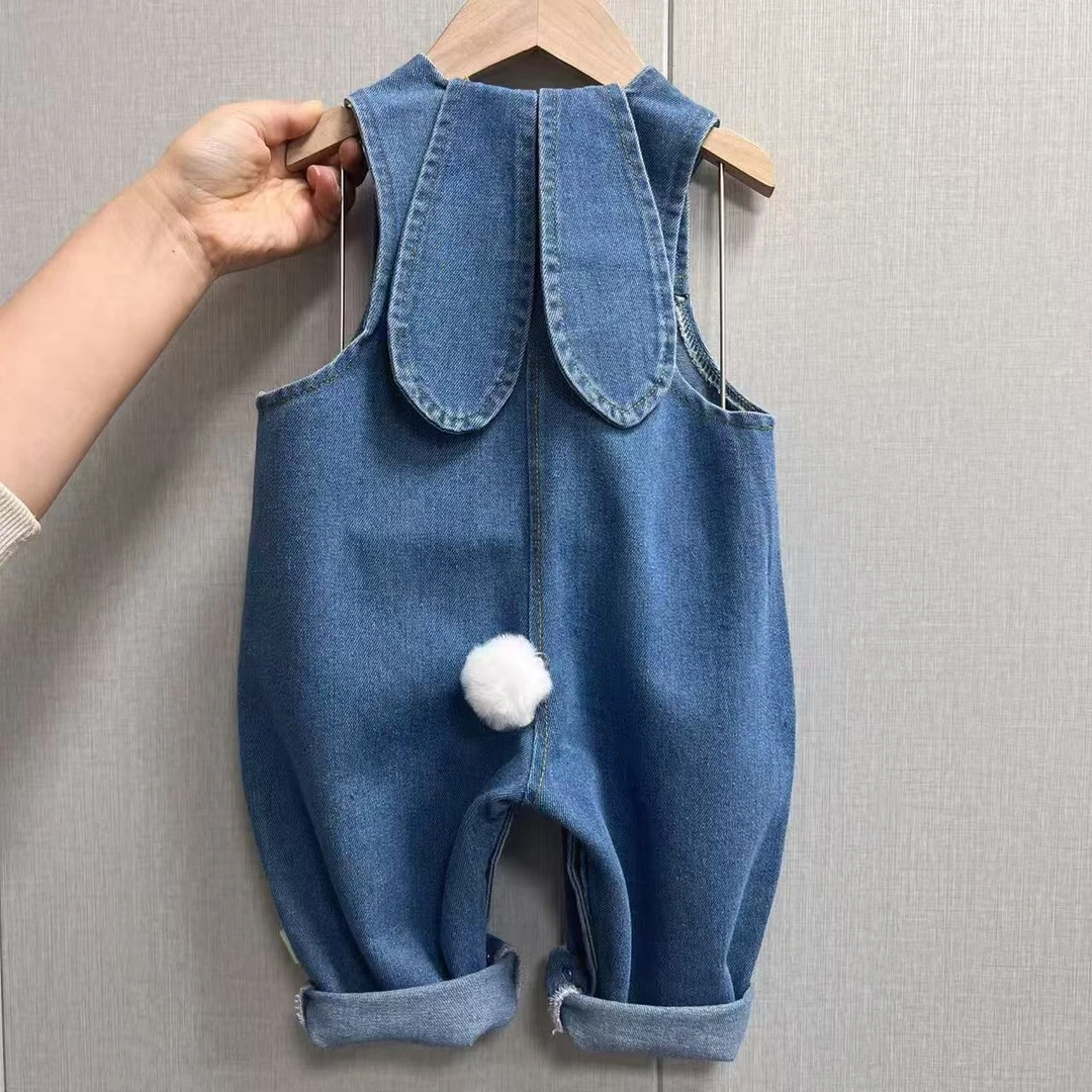 牛仔背带裤兔子耳朵男女韩版春秋休闲宝宝洋气时尚宽松长裤潮女童