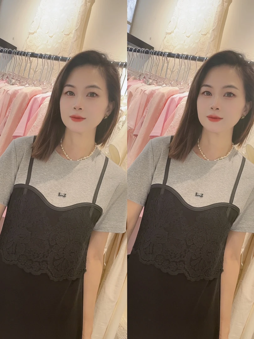 【述恩推荐】2025夏季新款欧货女装长款假两件连衣裙撞色拼蕾丝修身