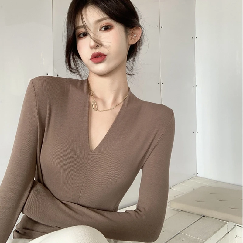 性感套头纯色长袖t恤女v领打底衫秋冬内搭外穿知性风衣服螺纹上衣